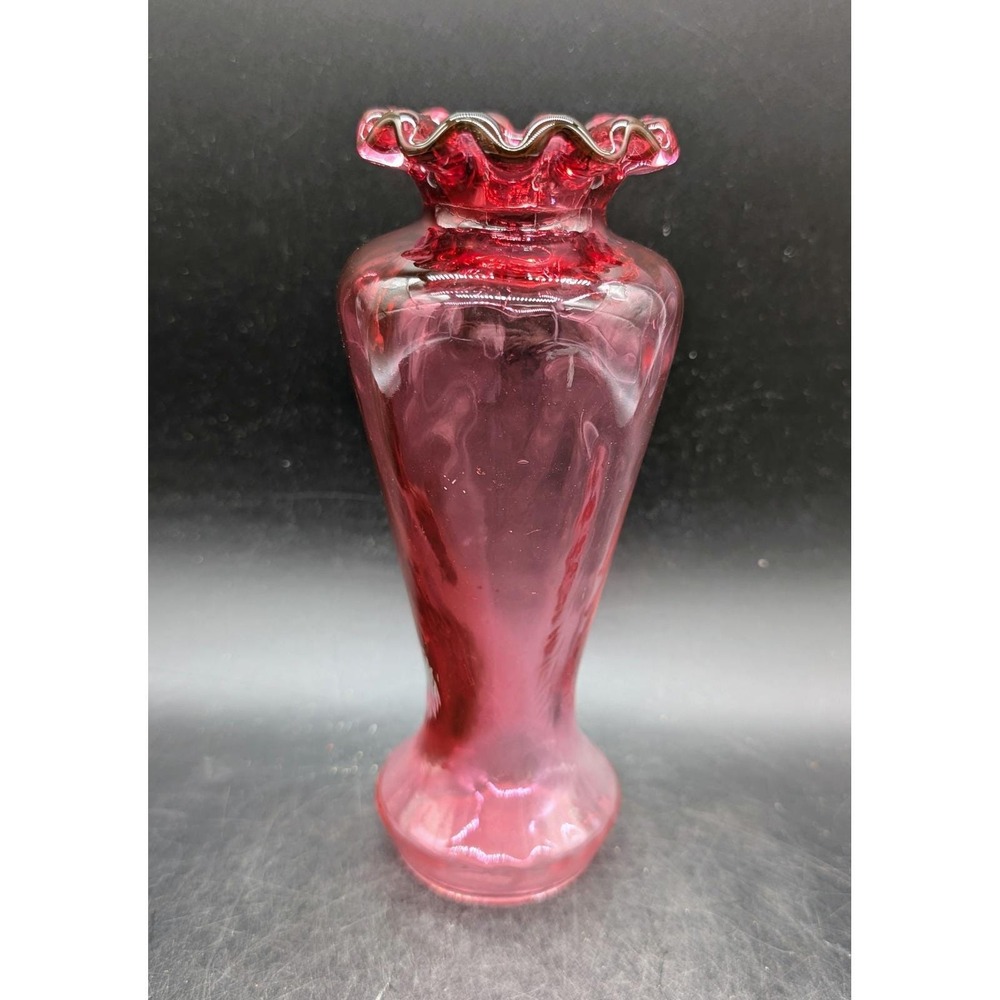 Vintage Fenton Cranberry Glass Vase Optic Ribbed Ruffled‎ Pink 8 Inch